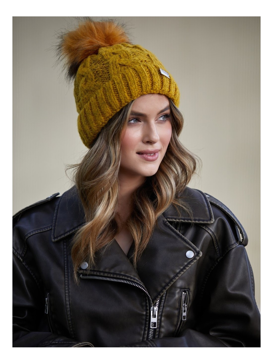 Winter hat with a shimmering thread in braids, mustard C49 - Online store - Boutique